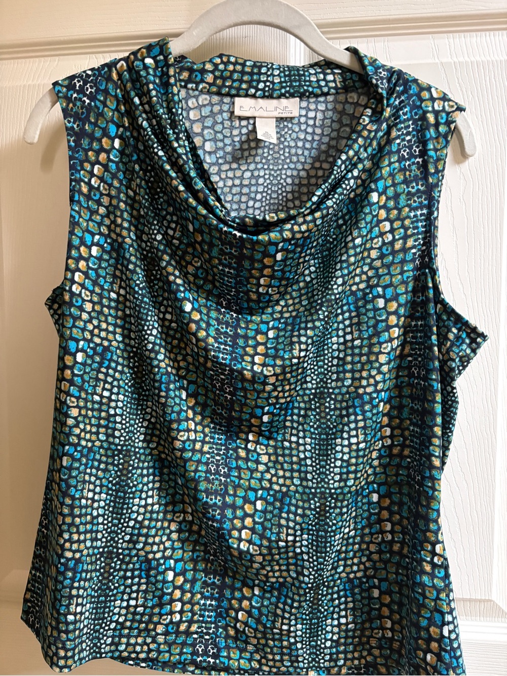 Emaline Sleeveless Cowl Neck Blouse in Teal Multi-Spot